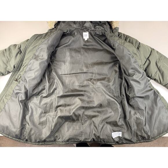 GAP Womens Midweight Puffer Jacket Faux Fur Hood Large TALL Green Zip Up Classic - Picture 7 of 11